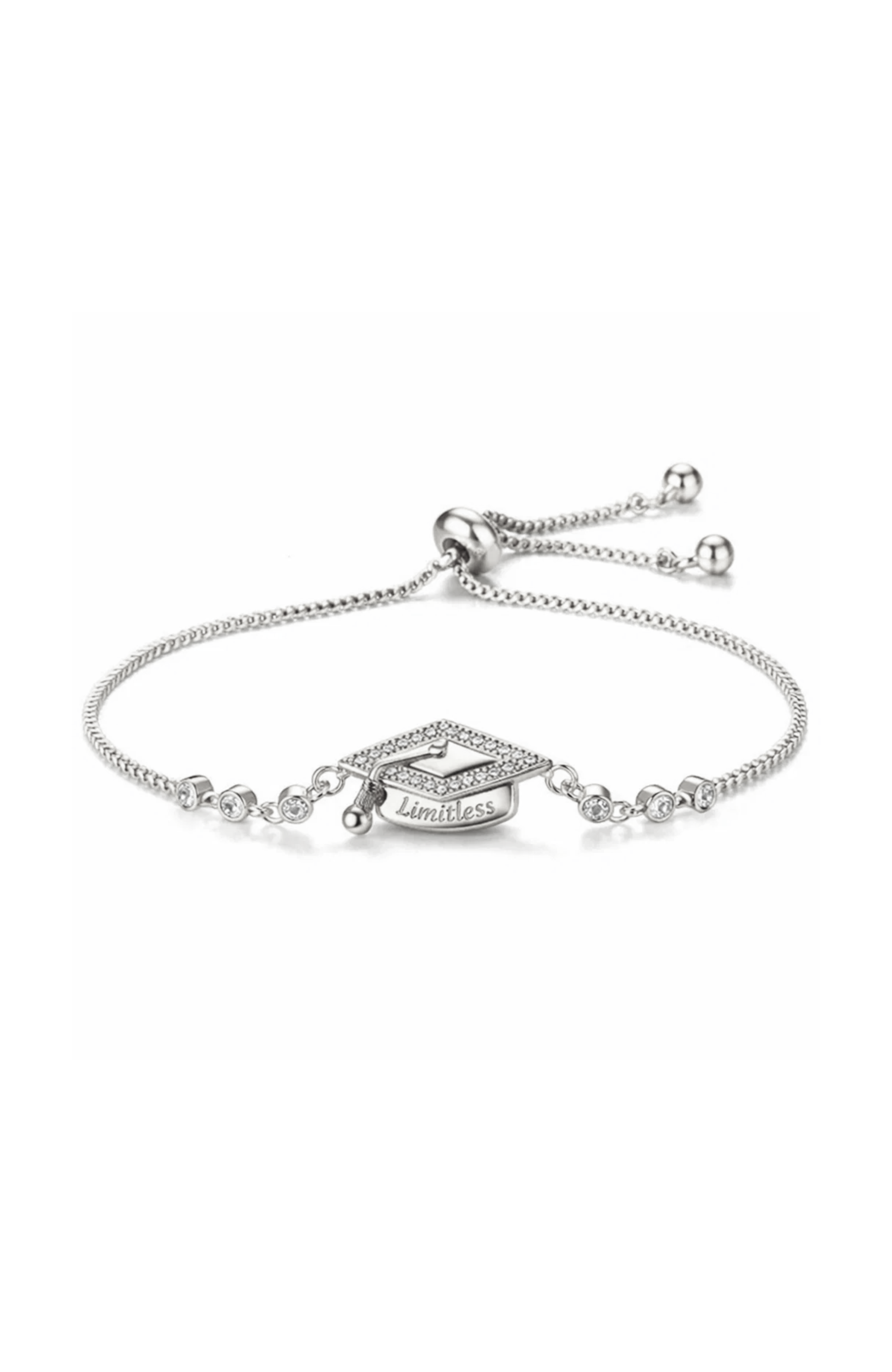 Pavé graduation cap adjustable bracelet with silver chain and sliding clasp
