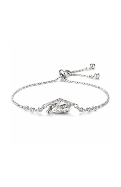 Pavé graduation cap adjustable bracelet with silver chain and sliding clasp