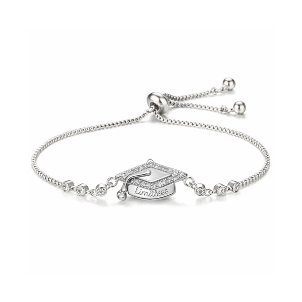 Silver adjustable pavé bracelet with graduation cap charm and sliding clasp