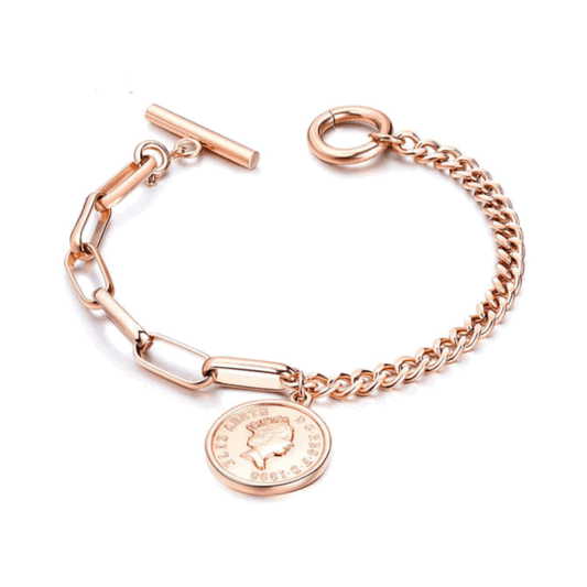 Rose gold link bracelet with round coin charm, curb chain and toggle clasp