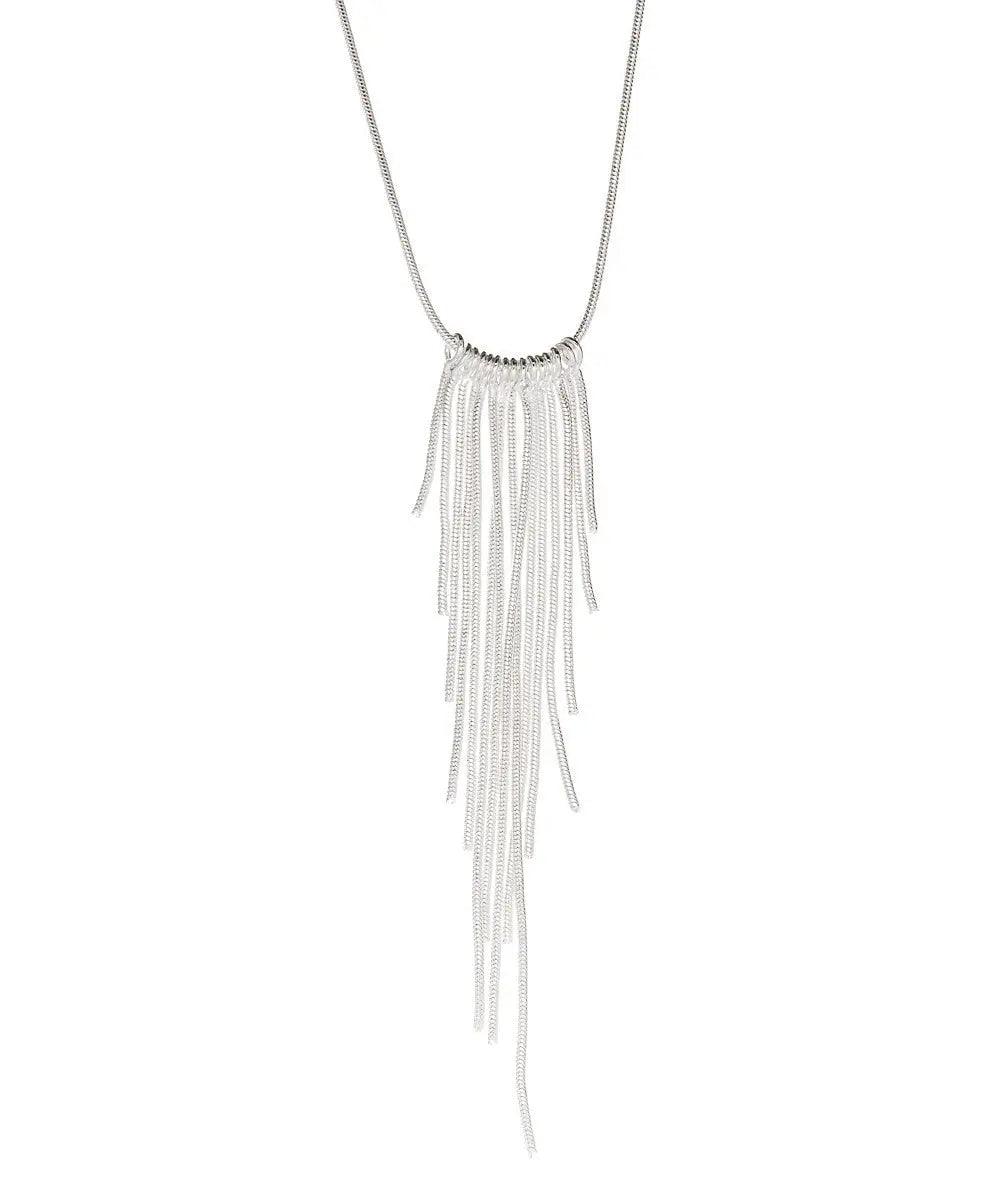 Long fringe necklace with bead clasp and hanging white tassels