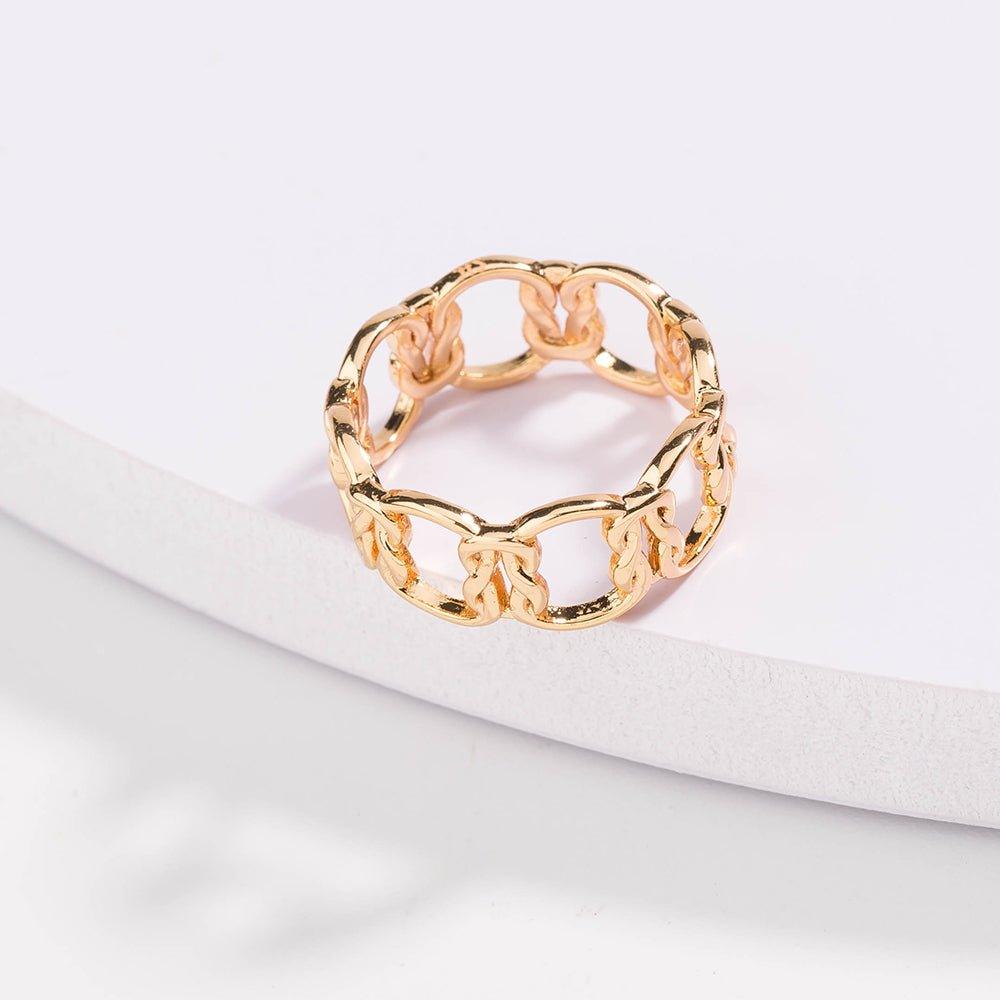 Gold love-knot chain ring, interlocking sculpted link band