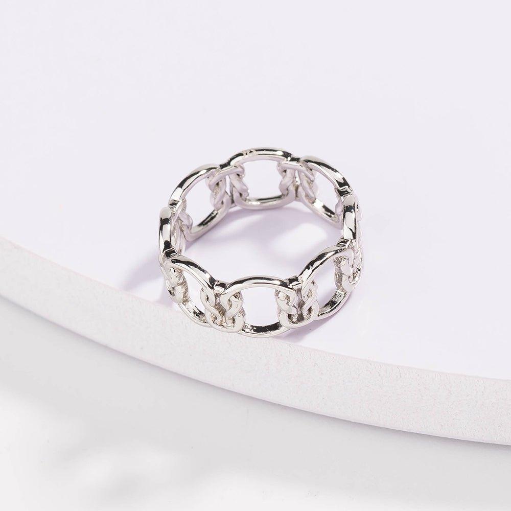 Silver love-knot chain ring with interlocking sculpted link band