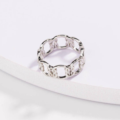 Silver love-knot chain ring with interlocking sculpted link band