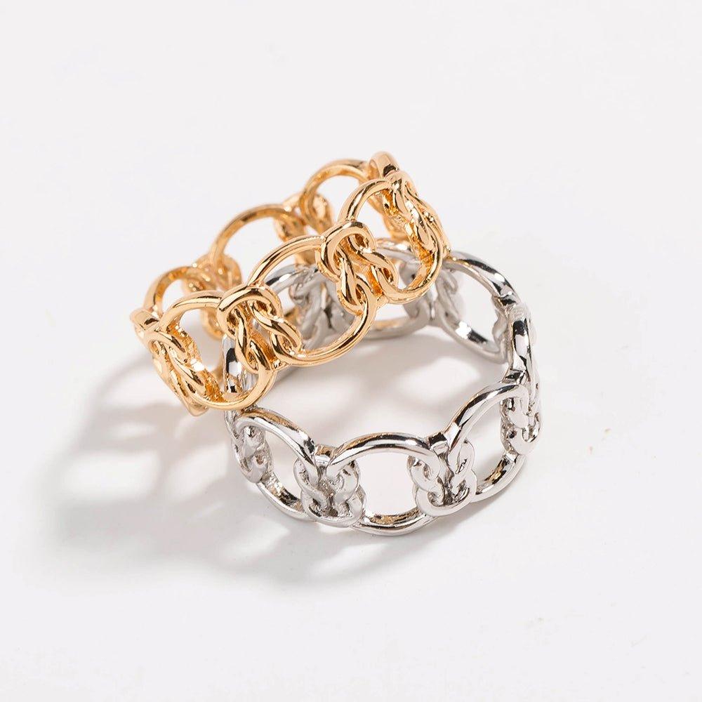 Two-tone love-knot chain ring with alternating gold and silver links
