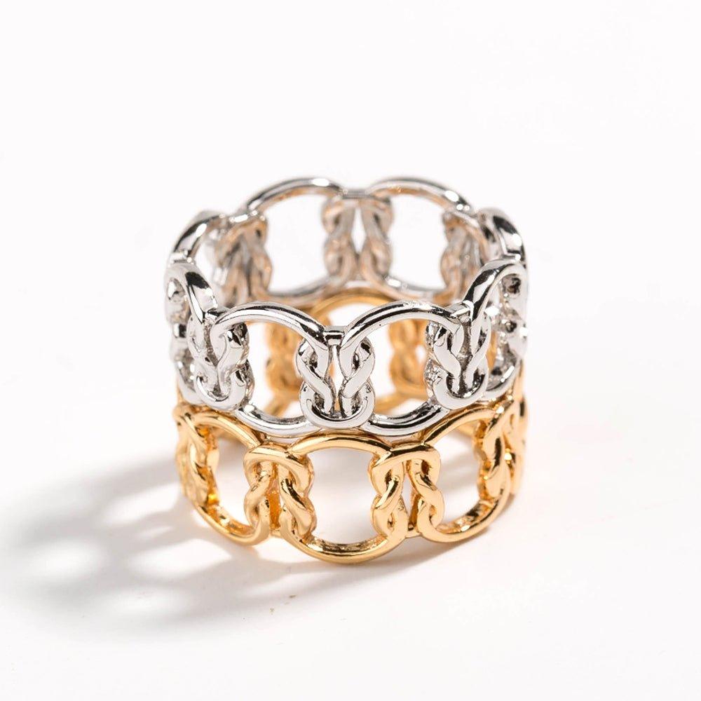 Two-tone love-knot chain ring with gold and silver link panels
