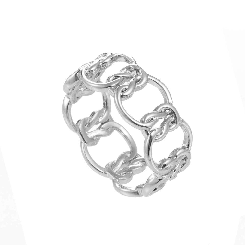 Silver love-knot chain ring with sculpted interlocking link band