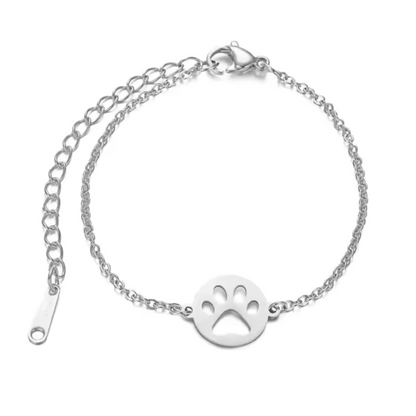 Silver-tone paw print link bracelet with round clasp and paw charm