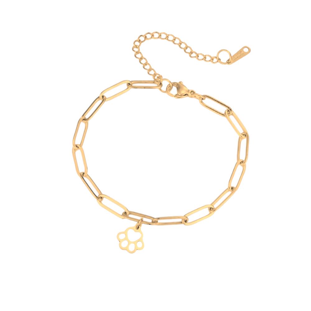 Gold link bracelet with delicate paw-print charm and lobster clasp