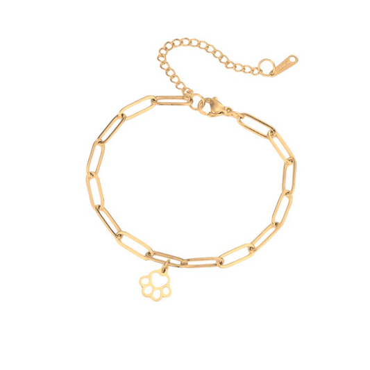 Gold link bracelet with delicate paw-print charm and lobster clasp