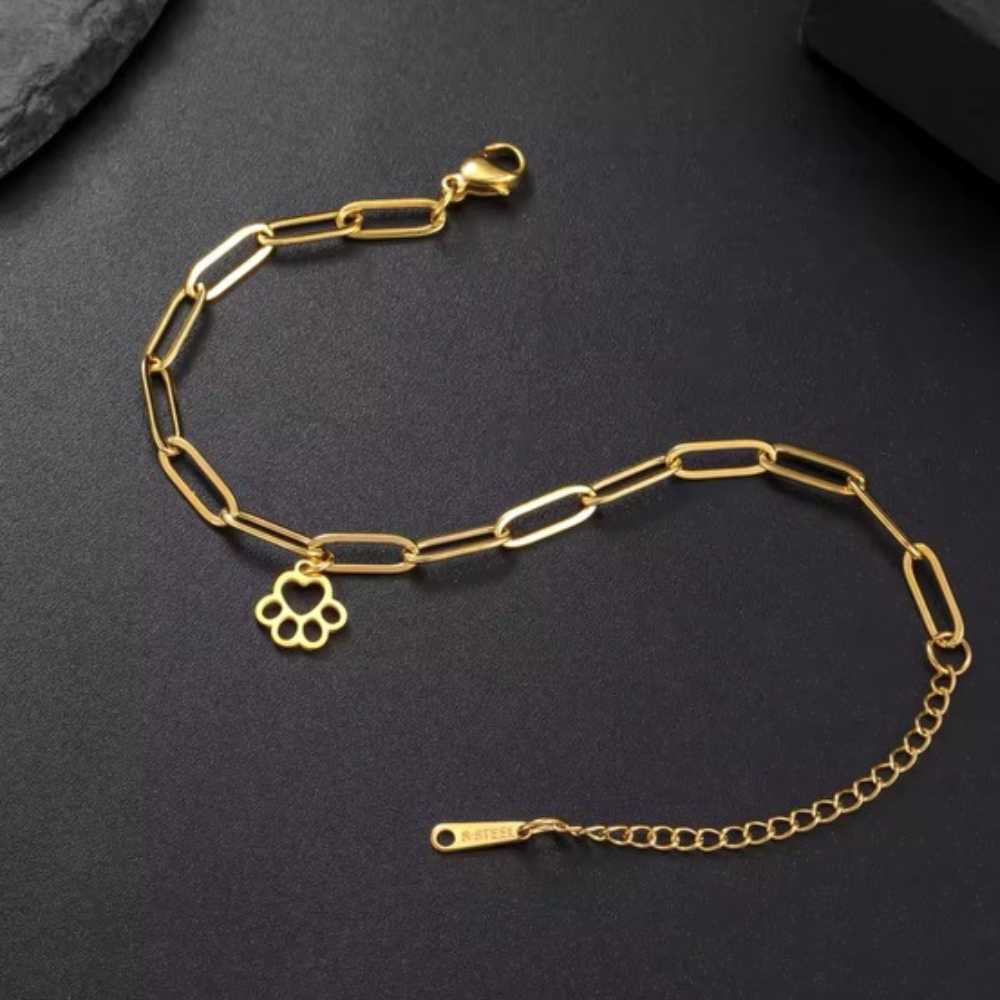 Gold link bracelet with paw-print charm, chain links, and clasp detail