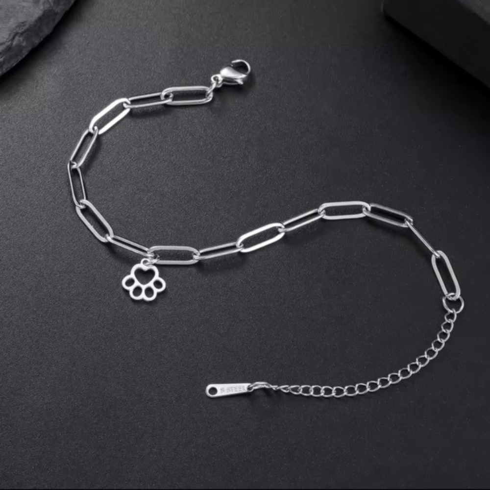 Silver link bracelet with paw-print charm, chain links, and clasp detail
