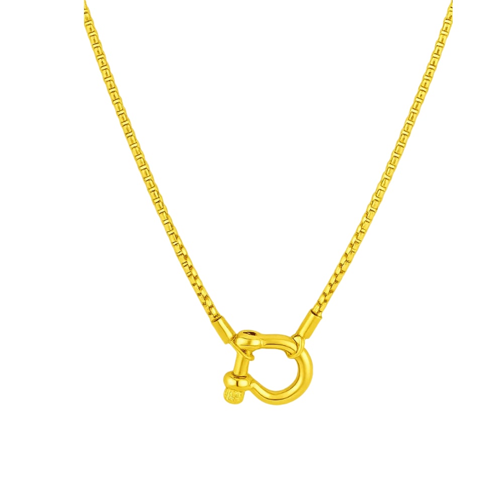 Gold carabiner pendant necklace with horseshoe lock charm on a gold chain
