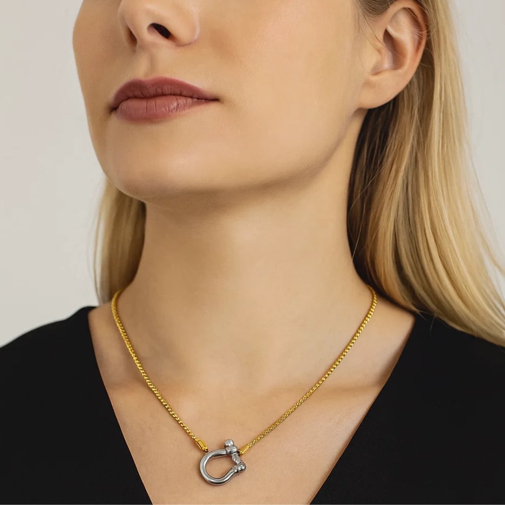 Two-tone carabiner lock necklace worn on model, gold chain with silver pendant