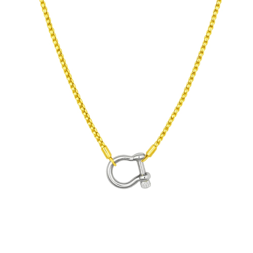 Two-tone carabiner pendant necklace with gold chain and silver horseshoe lock charm