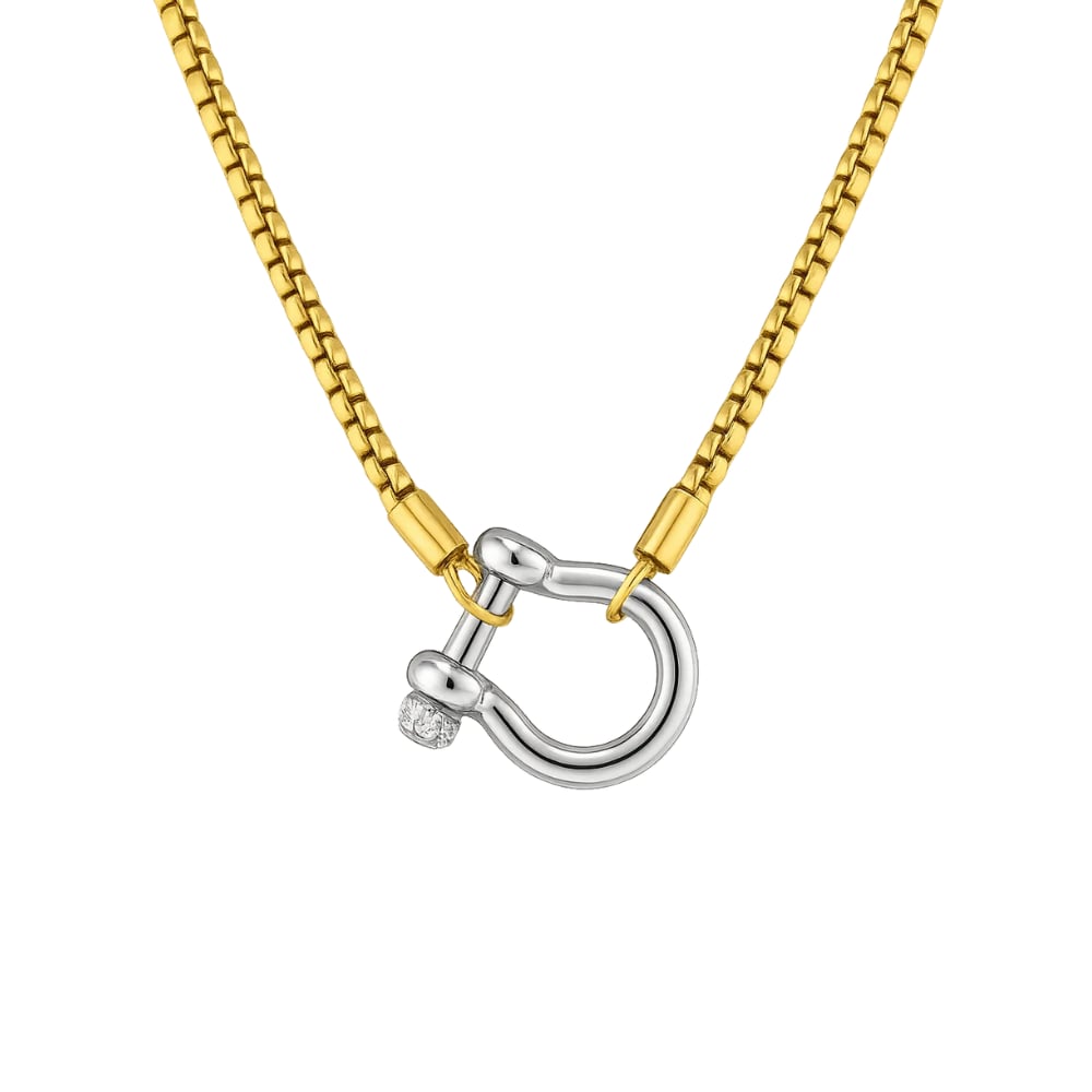 Two-tone carabiner pendant necklace with gold chain and silver horseshoe charm