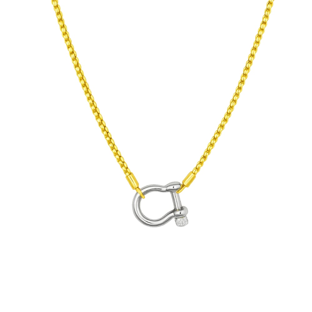 Two-tone mixed metal carabiner necklace with horseshoe lock pendant and gold chain