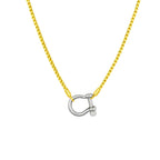 Two-tone mixed metal carabiner necklace with horseshoe lock pendant and gold chain