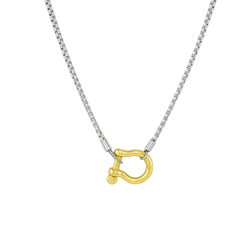 Silver beaded chain necklace with gold horseshoe carabiner lock pendant