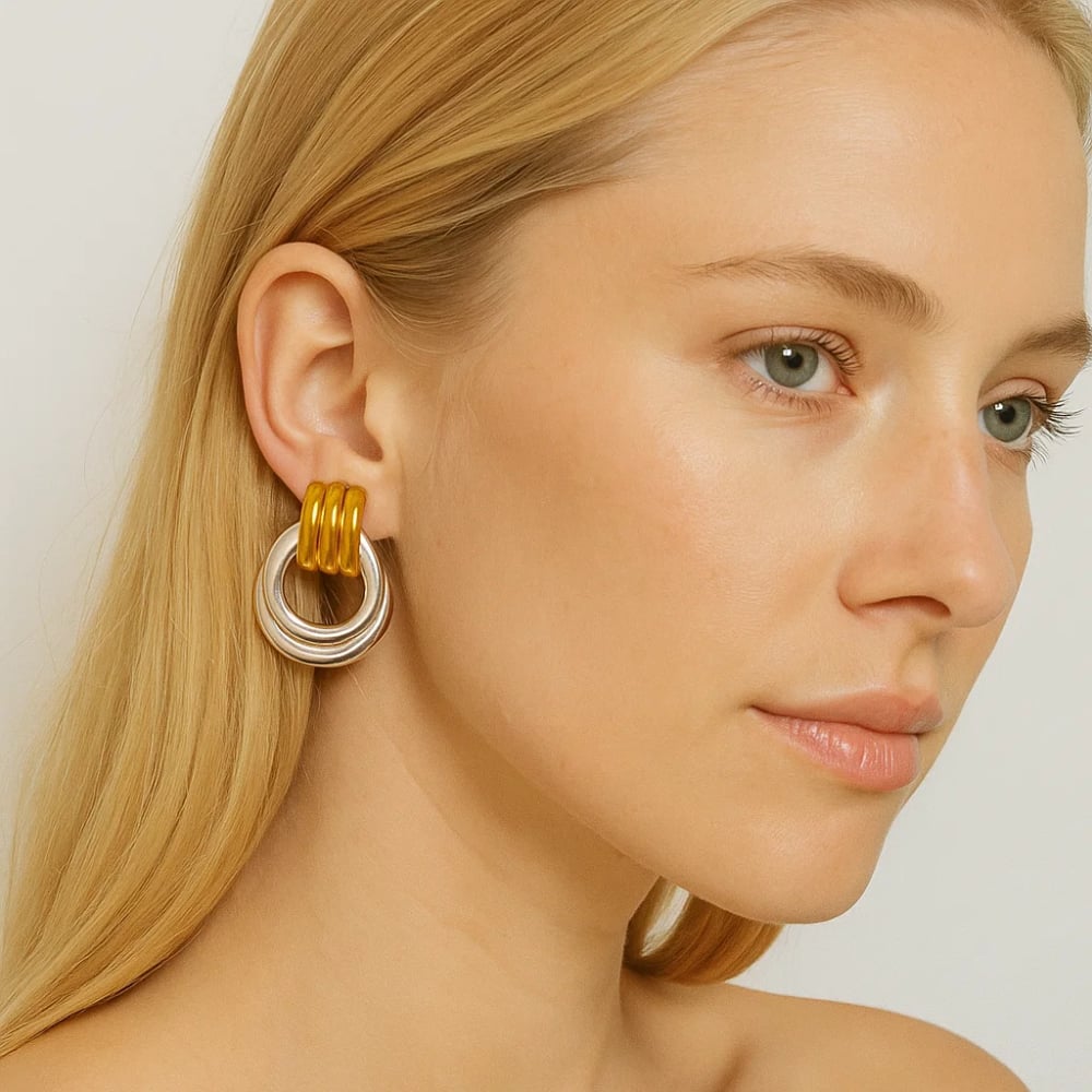 Two-tone circle drop earrings, gold top clasp with silver double-ring drops