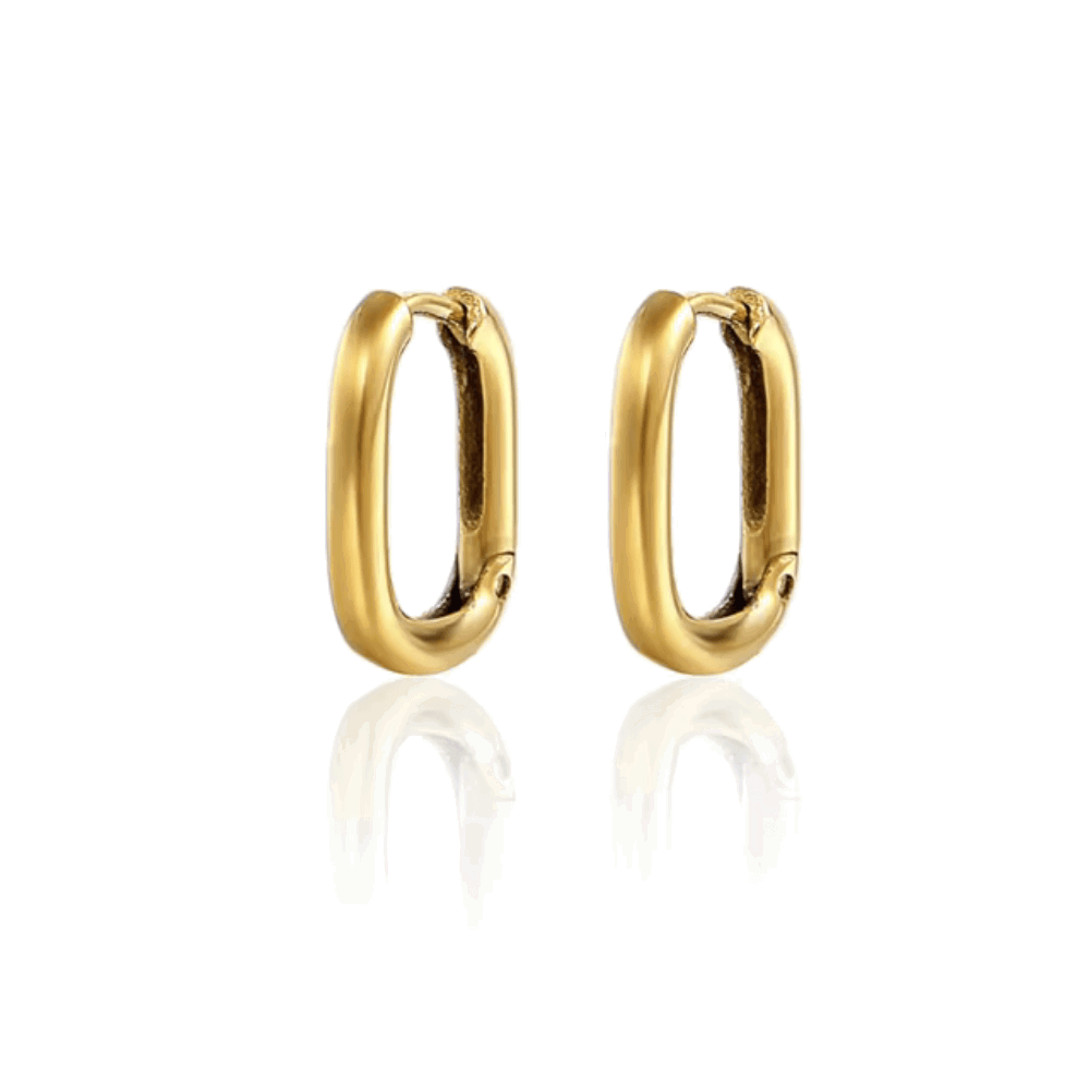 Gold rectangular hoop earrings with hinged clasp, pair