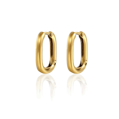 Gold rectangular hoop earrings with hinged clasp, pair