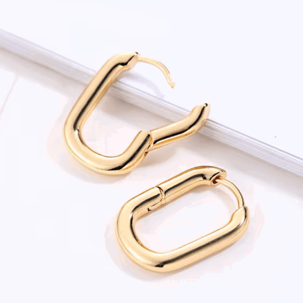 Gold rectangular hoop earrings with smooth finish, pair