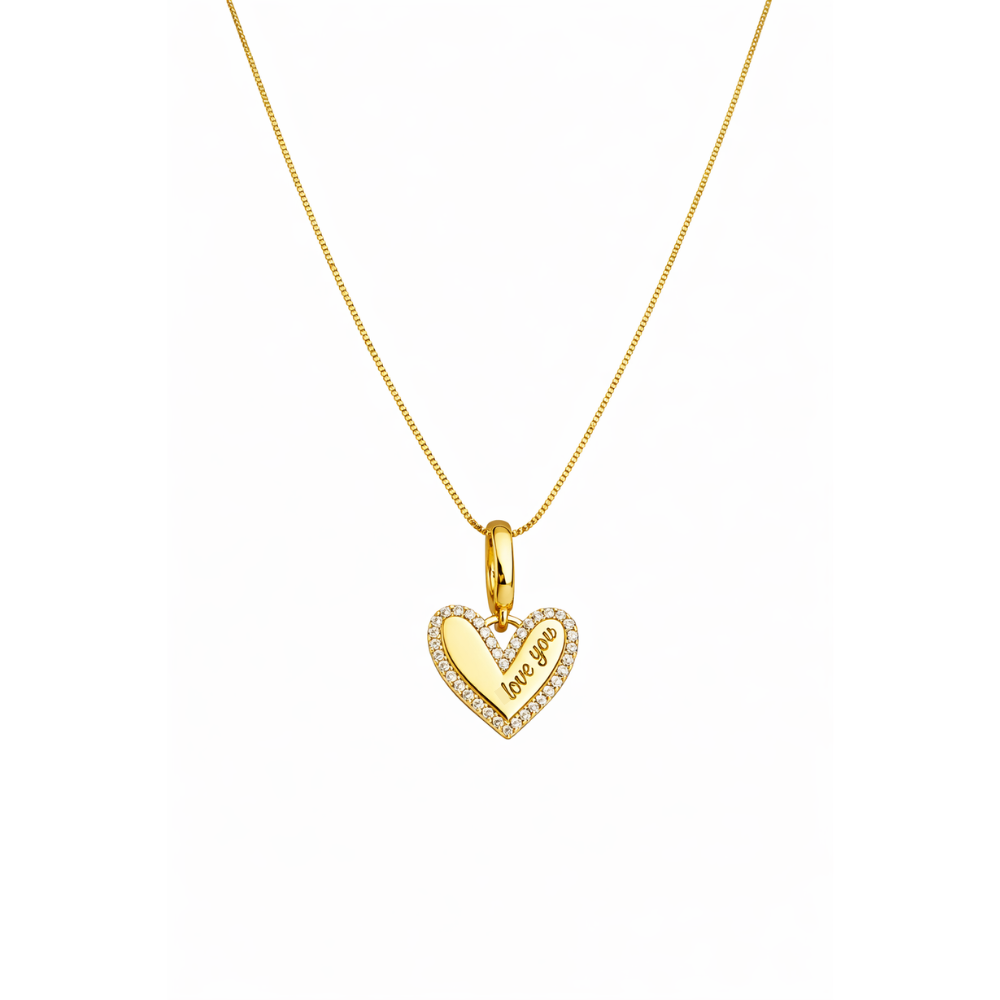 Gold heart pendant necklace with pavé accents and 'love you' inscription