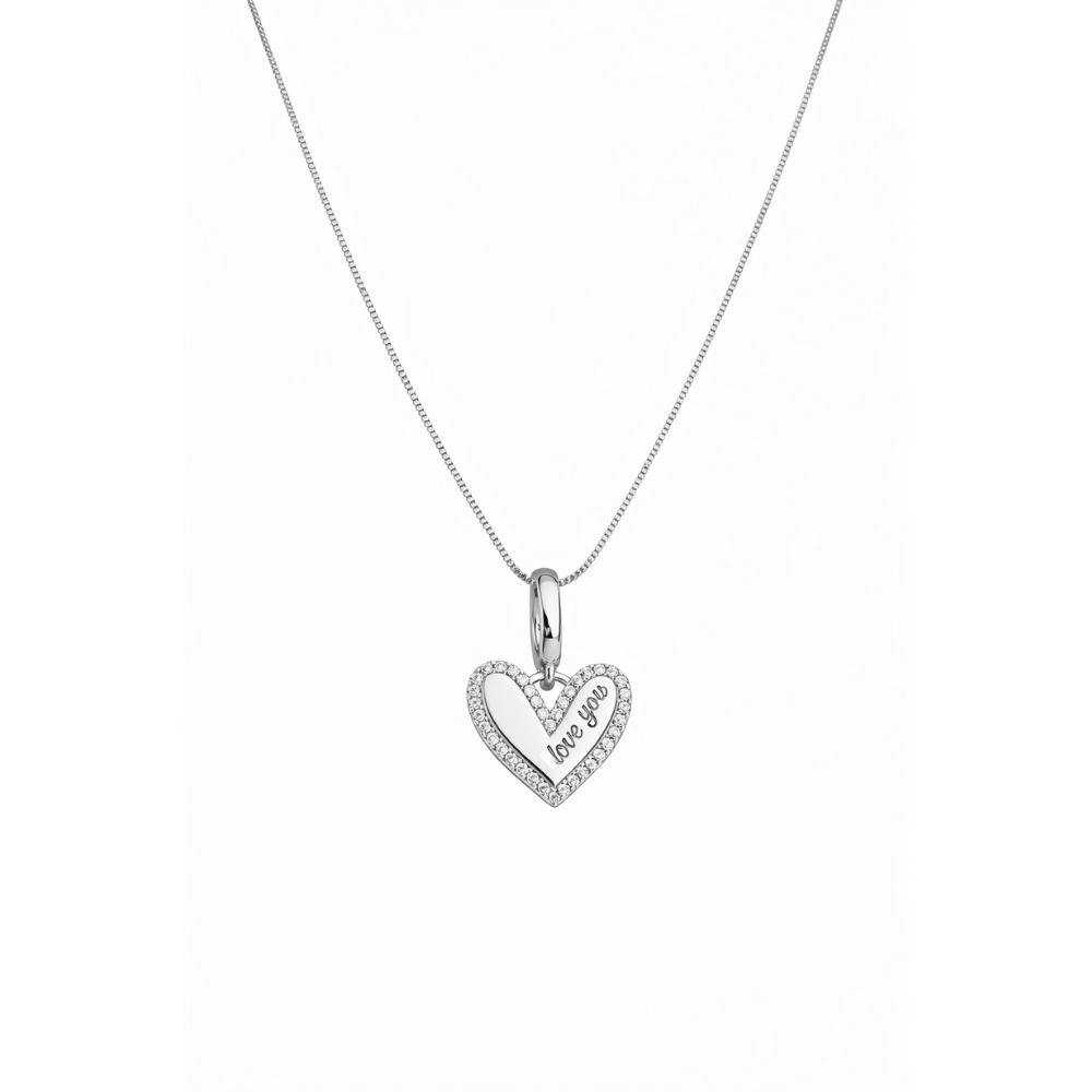 Silver necklace with pavé heart pendant engraved "love you"