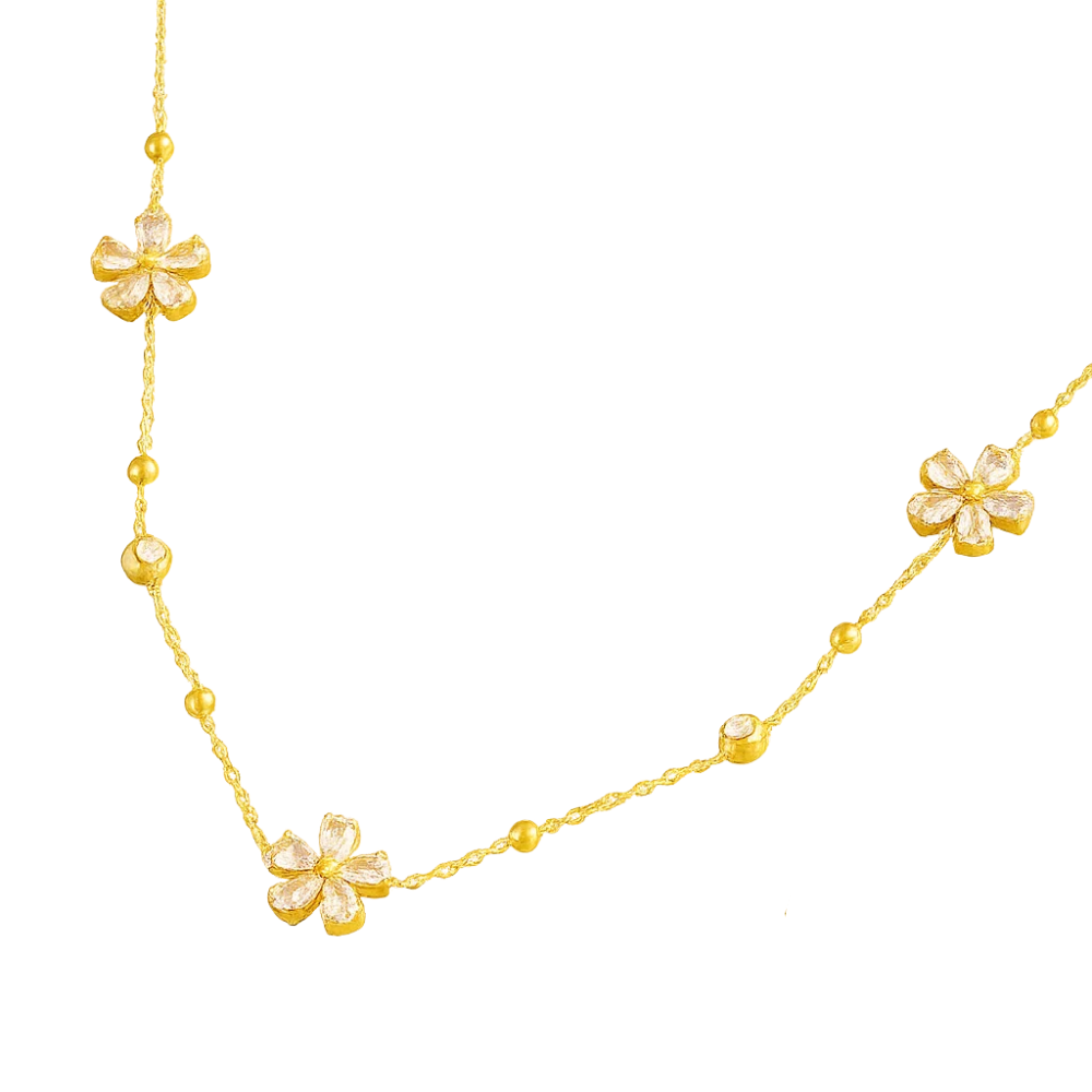 Gold-tone crystal flower beaded necklace with five-petal floral charms