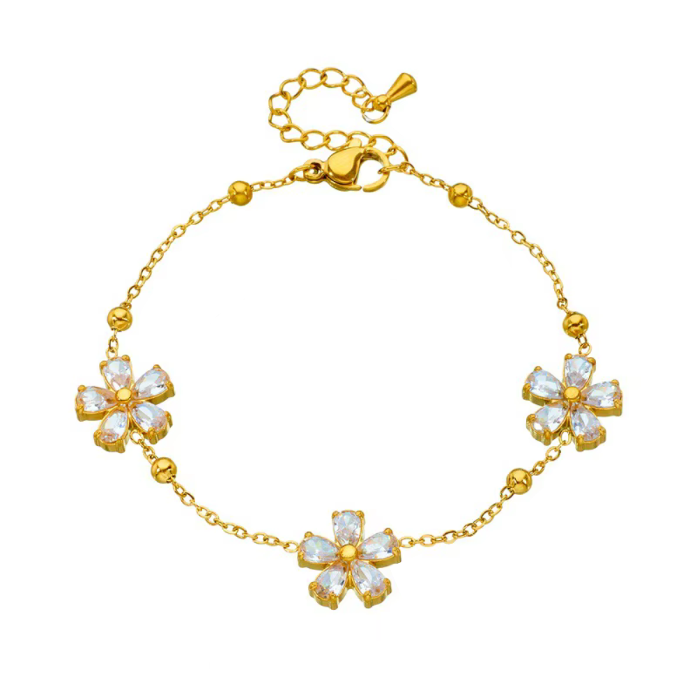 Gold-tone bracelet with three clear crystal flower charms and round link chain