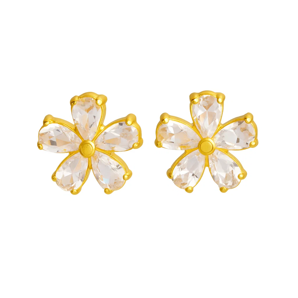 Gold-tone crystal flower stud earrings with clear teardrop center stones