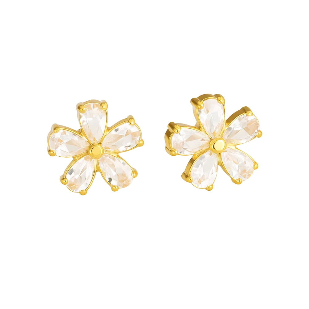 Gold crystal flower stud earrings with five clear teardrop petals and round center