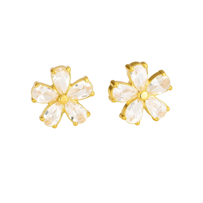 Gold crystal flower stud earrings with five clear teardrop petals and round center