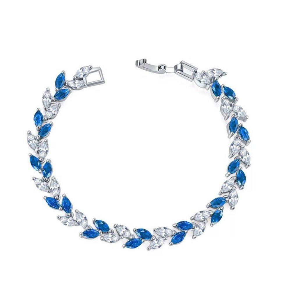 Silver tennis bracelet with blue marquise stones and clear cubic zirconia, box clasp