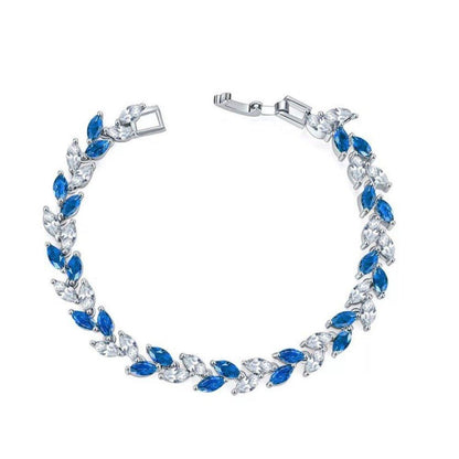Silver tennis bracelet with blue marquise stones and clear cubic zirconia, box clasp