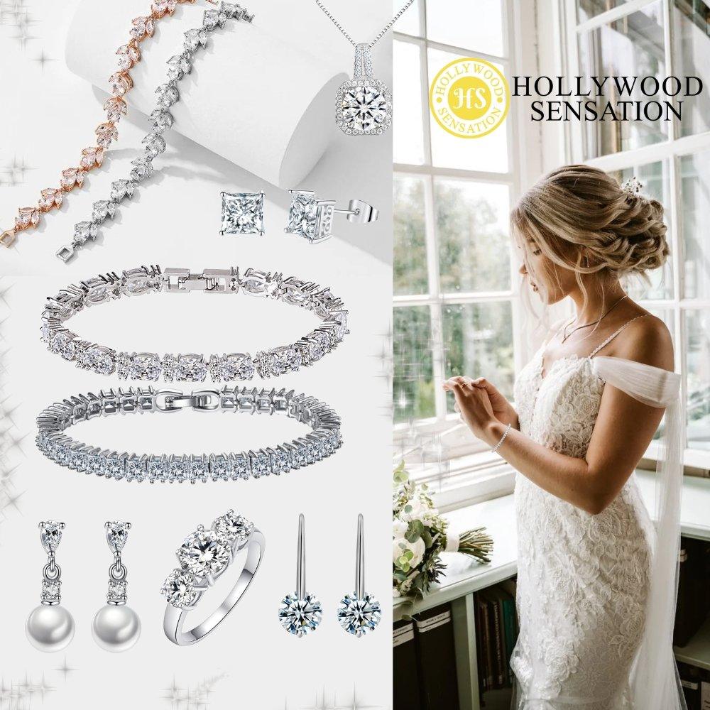 Cubic zirconia tennis bracelet shown in multiple angles, silver-tone marquise stones