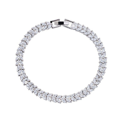Cubic zirconia tennis bracelet with marquise and pear cut stones, silver-tone links
