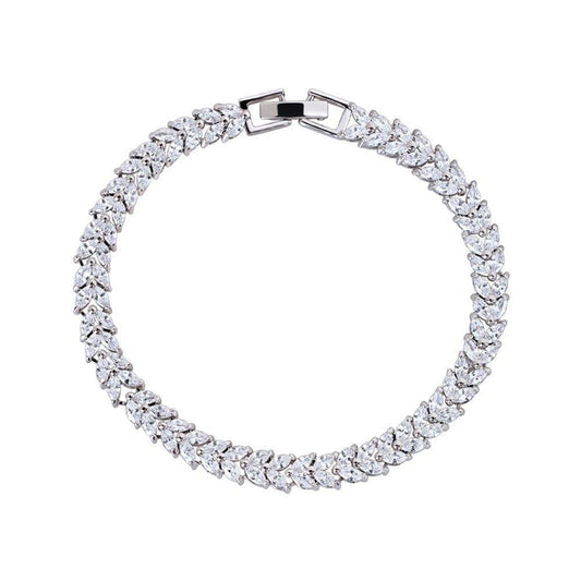 Cubic zirconia tennis bracelet with marquise and pear cut stones, silver-tone links