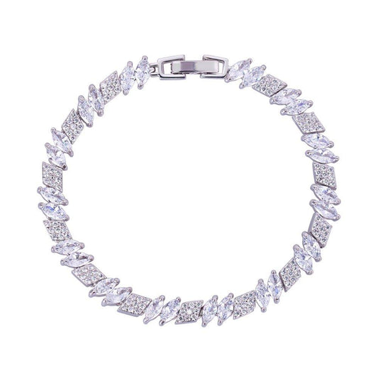 Cubic zirconia tennis bracelet with marquise and rhomboid stones, silver-tone links