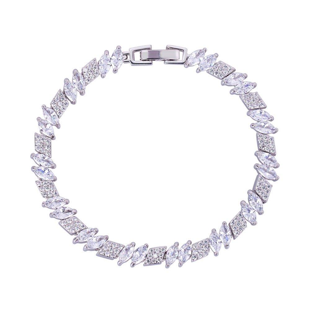 Cubic zirconia tennis bracelet with marquise and rhomboid stones, silver-tone links