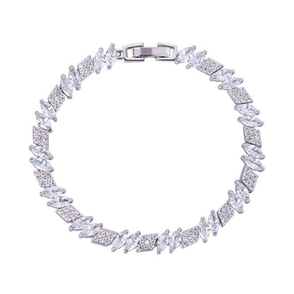 Cubic zirconia tennis bracelet with marquise and rhomboid stones, silver-tone links