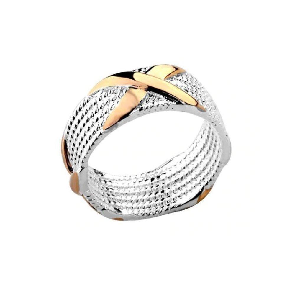 Sofia ring with textured silver band and gold top accent stripe