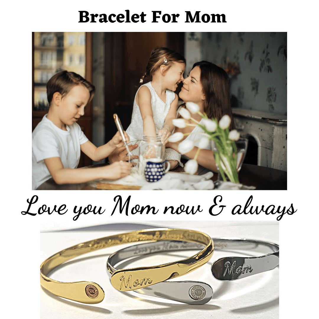 Bracelet for mom: gold and silver bangles with oval “Mom” engravings, oval end medallions