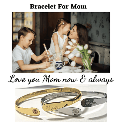 Bracelet for mom: gold and silver bangles with oval “Mom” engravings, oval end medallions