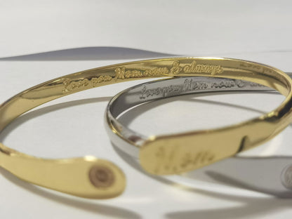 Gold mom bangle and silver mom bangle set with engraved inner text and oval medallions
