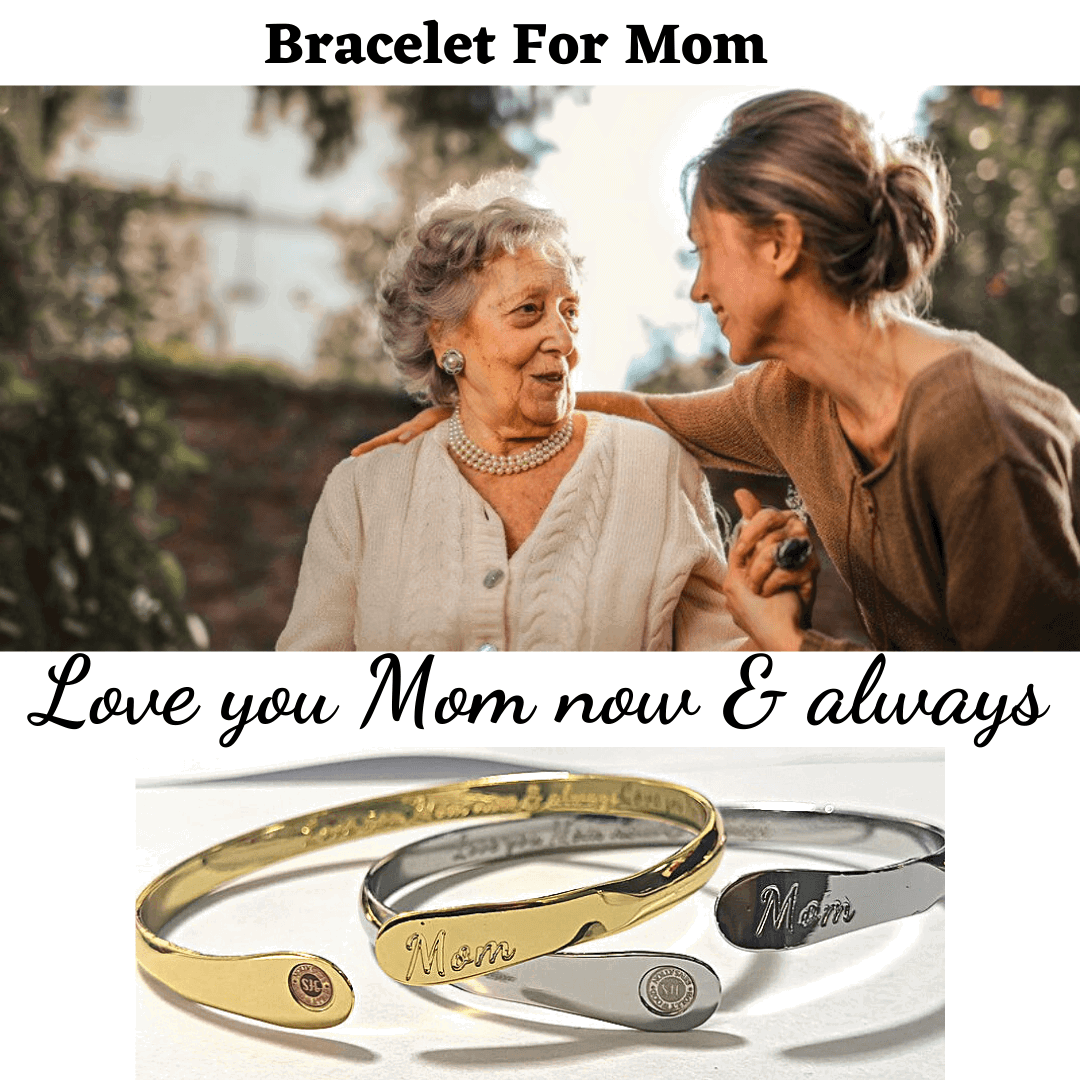Set of gold and silver mom bangles with engraved “Mom” ovals and round emblem discs