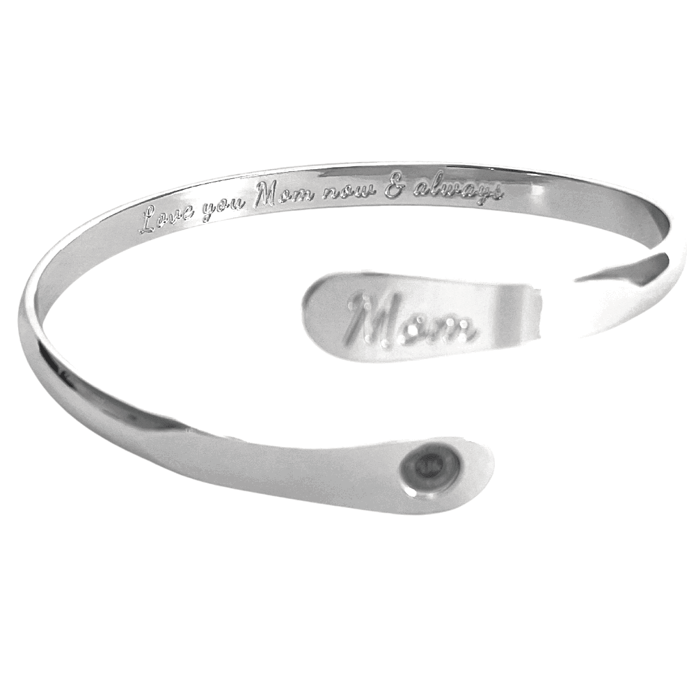 Silver-tone engraved mom cuff bracelet with interior script “Mom”