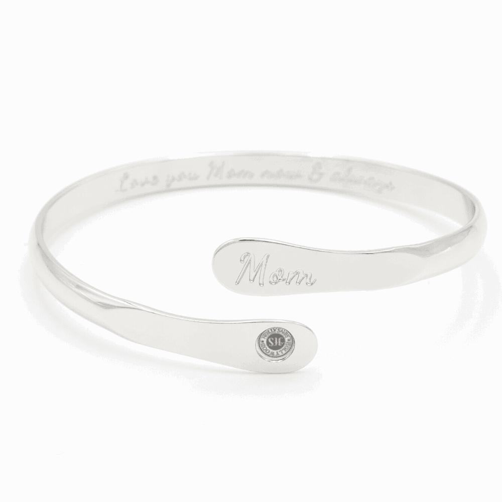 Silver-tone engraved mom cuff bracelet with oval charm and script “Mom”