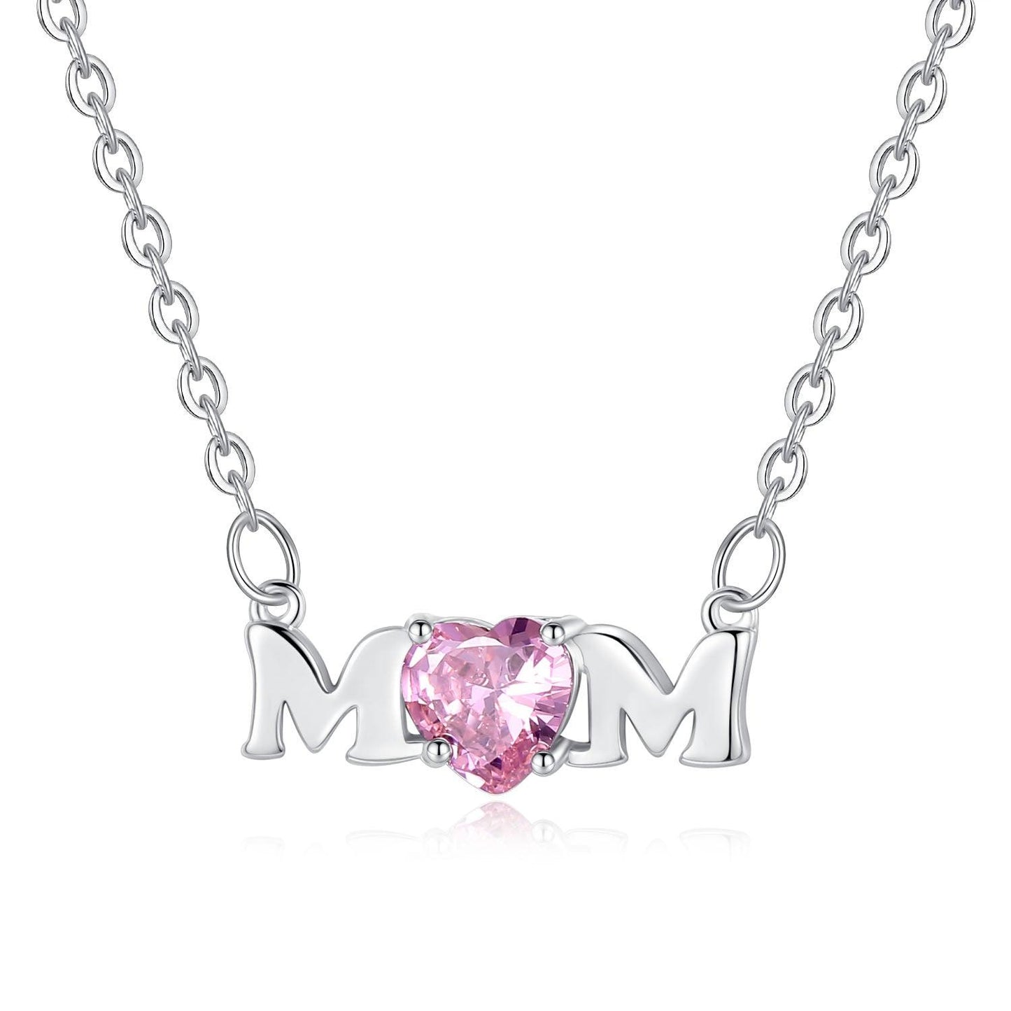 Silver mom necklace with heart pink cubic zirconia and M-shaped side charms